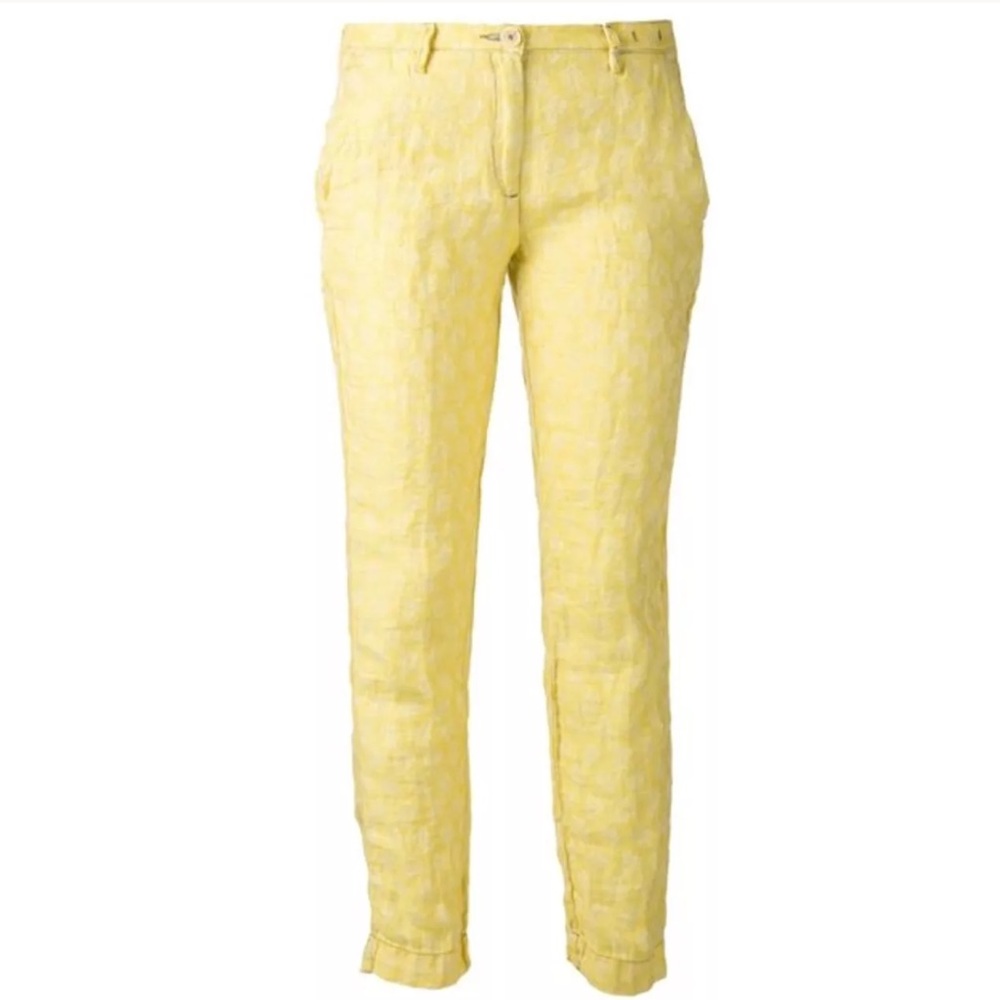 MASSIMO ALBA Liza Yellow Linen Pants Straight Leg White Floral Italy Italian